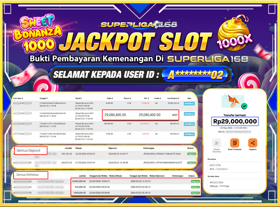 SUPERLIGA168 JAACKPOT SWEET BONANZA 1000 Rp.29,000,000LUNAS